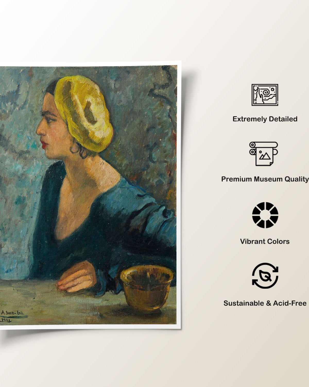 Artistic depiction of a woman with a yellow headscarf and blue dress, with quality attributes listed.