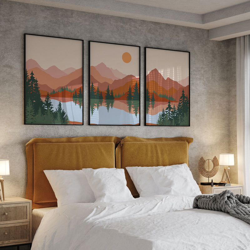 Abstract Mountain Lake Trees Set of 3, Mid Century Modern Wall Art, Boho Art