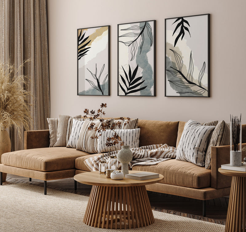 Boho Leaves Abstract Minimal, Set of 3, Set of Three Paintings
