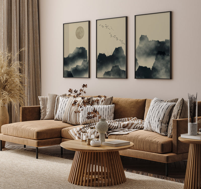 Foggy Mountain Landscape, Set of 3, Set of Three Paintings