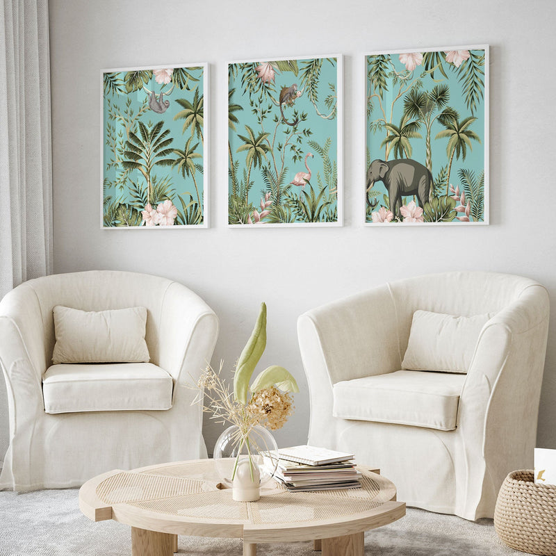 Tropical vintage botanical landscape, Set of 3, Set of Three Paintings