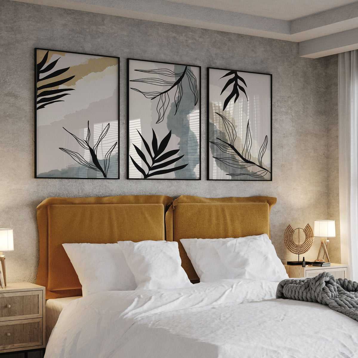Boho Leaves Abstract Minimal, Set of 3, Set of Three Paintings