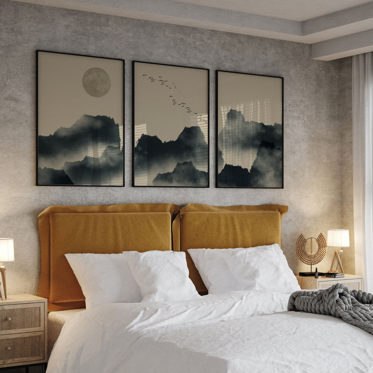Foggy Mountain Landscape, Set of 3, Set of Three Paintings
