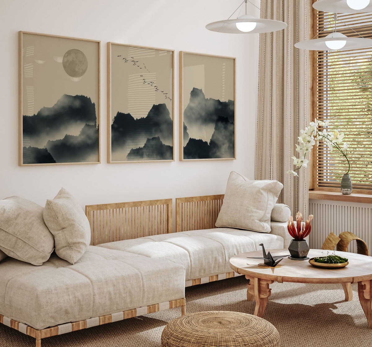 Foggy Mountain Landscape, Set of 3, Set of Three Paintings