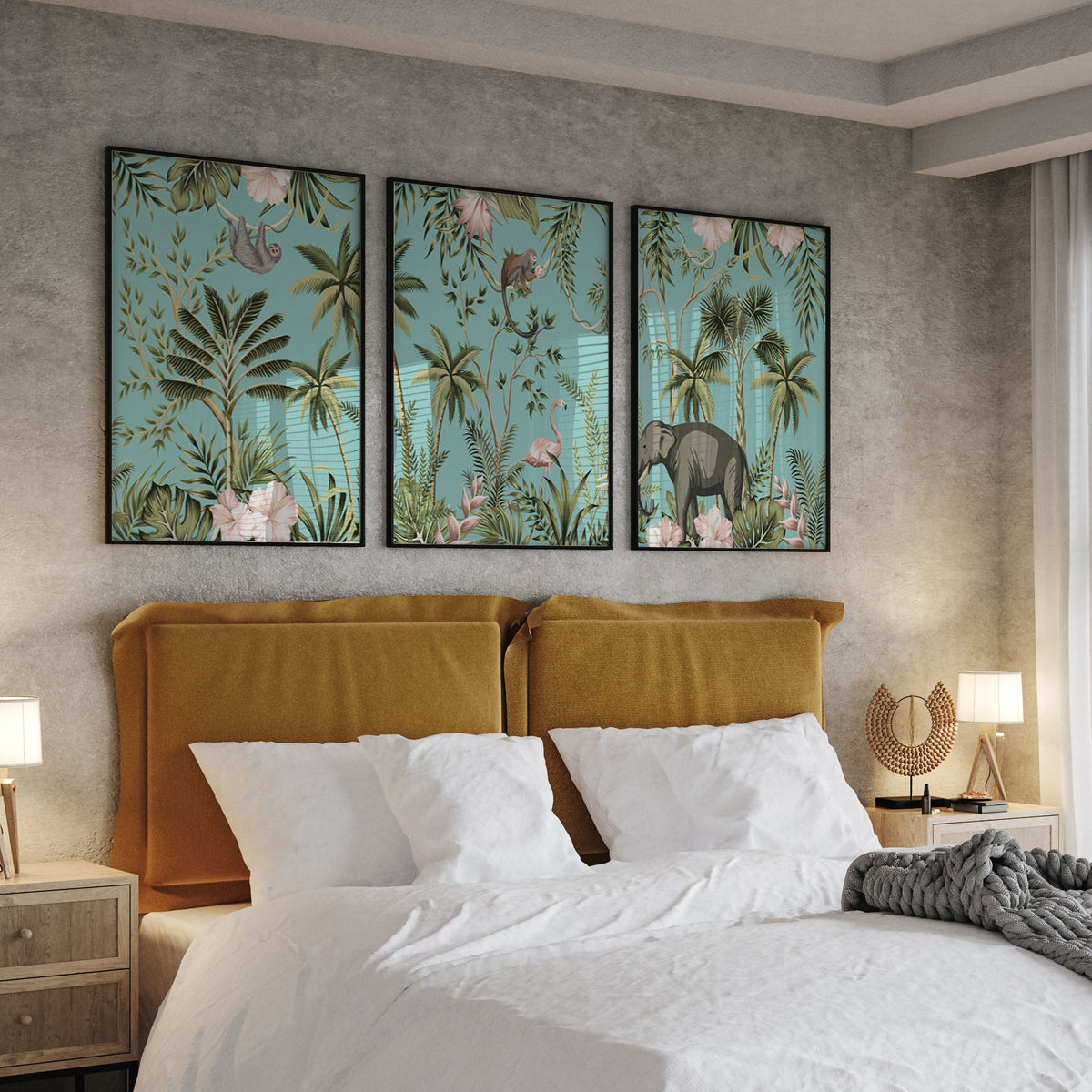 Tropical vintage botanical landscape, Set of 3, Set of Three Paintings