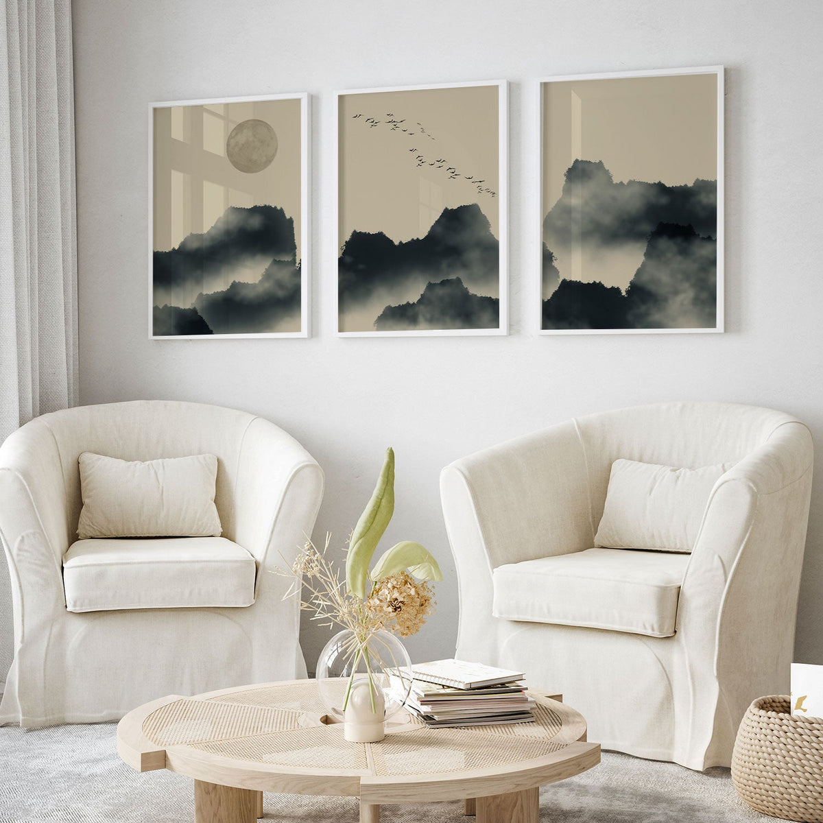 Foggy Mountain Landscape, Set of 3, Set of Three Paintings