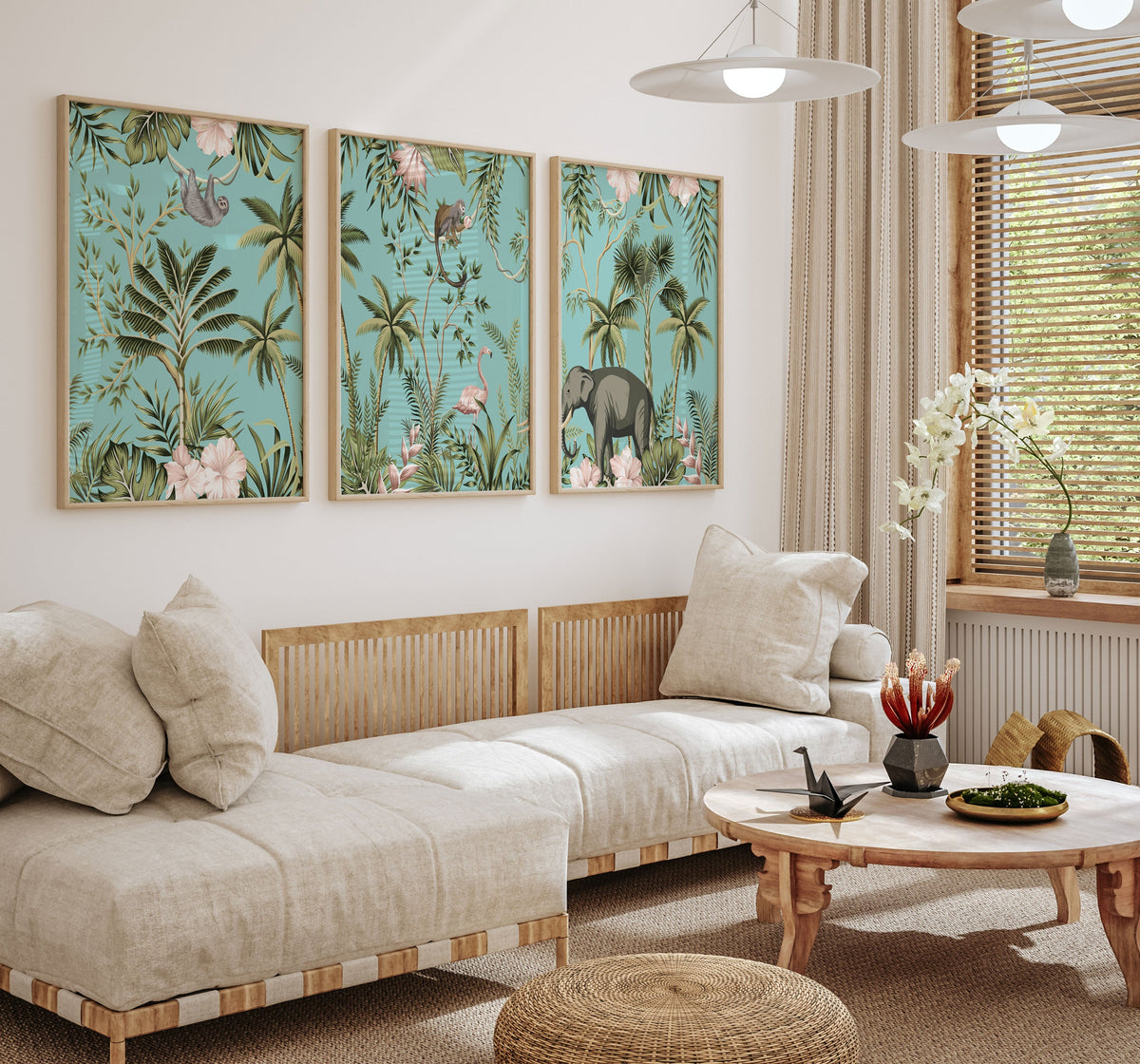 Tropical vintage botanical landscape, Set of 3, Set of Three Paintings