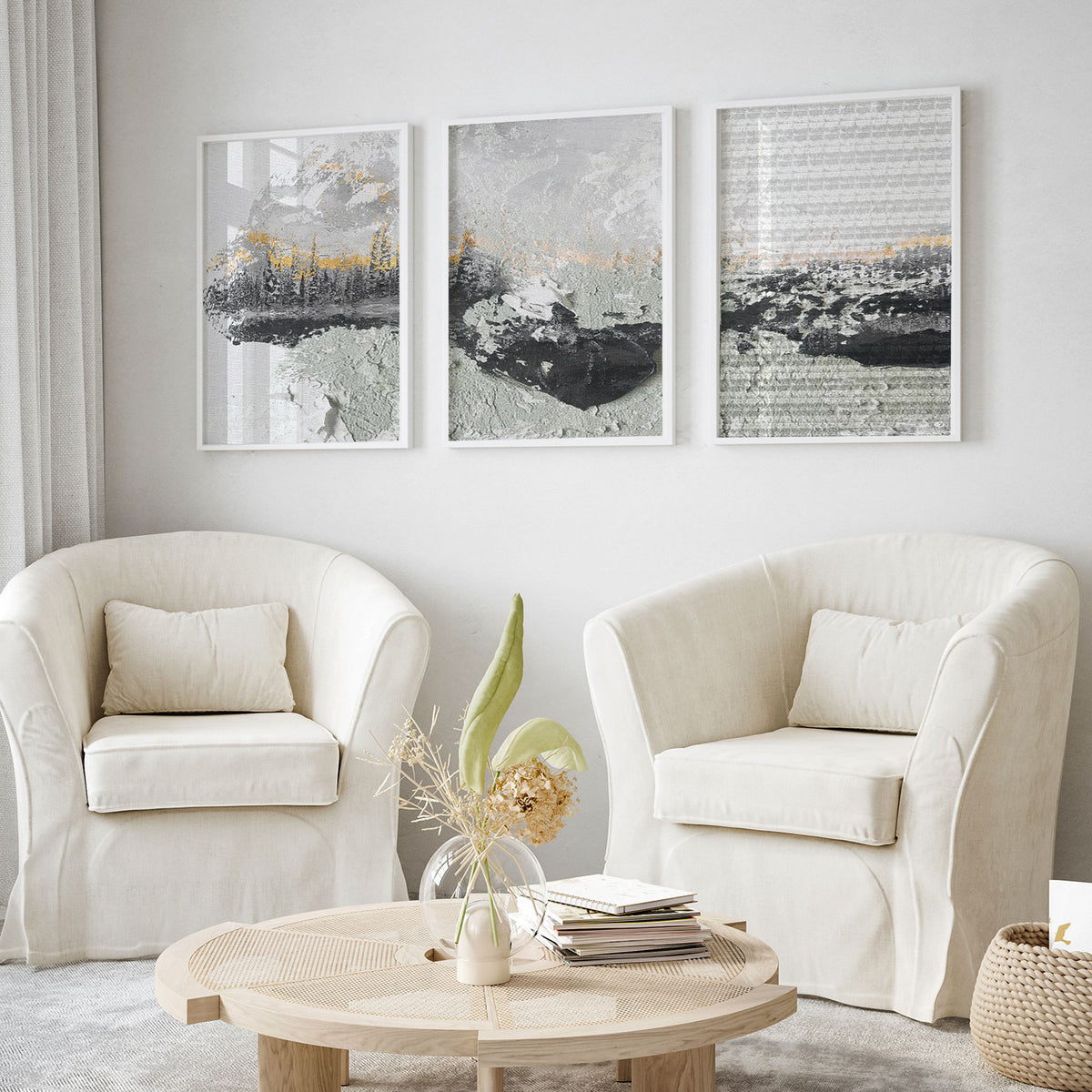 Set of 3 Abstract BW Gold Mix
