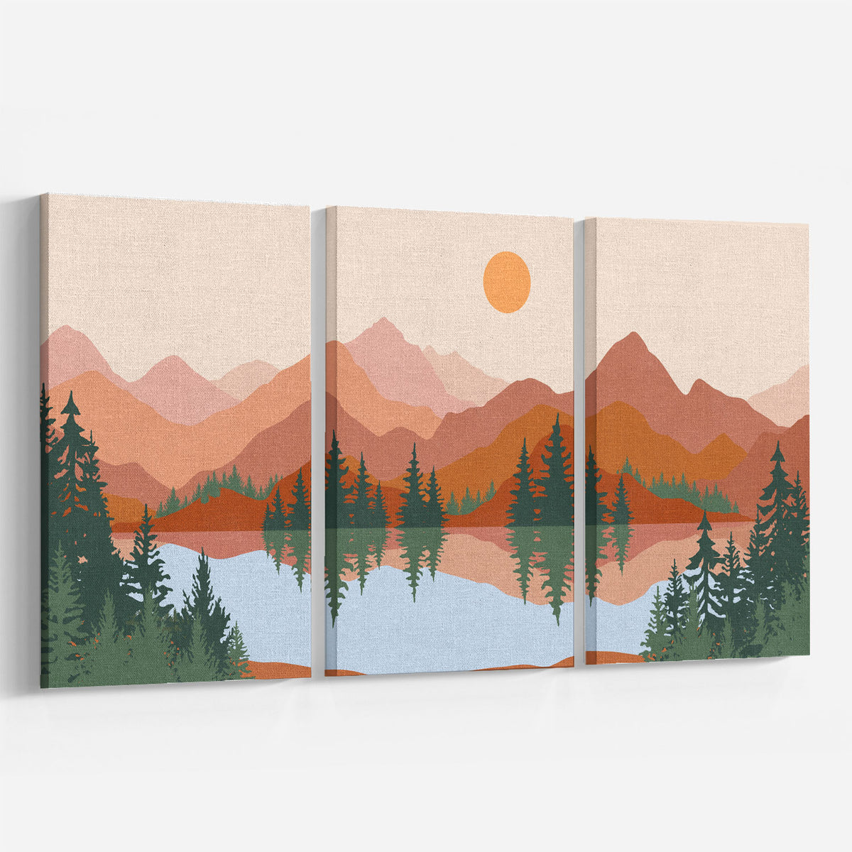 Abstract Mountain Lake Trees Set of 3, Mid Century Modern Wall Art, Boho Art