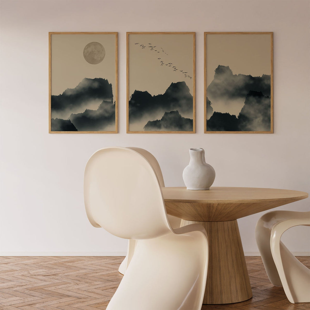 Foggy Mountain Landscape, Set of 3, Set of Three Paintings