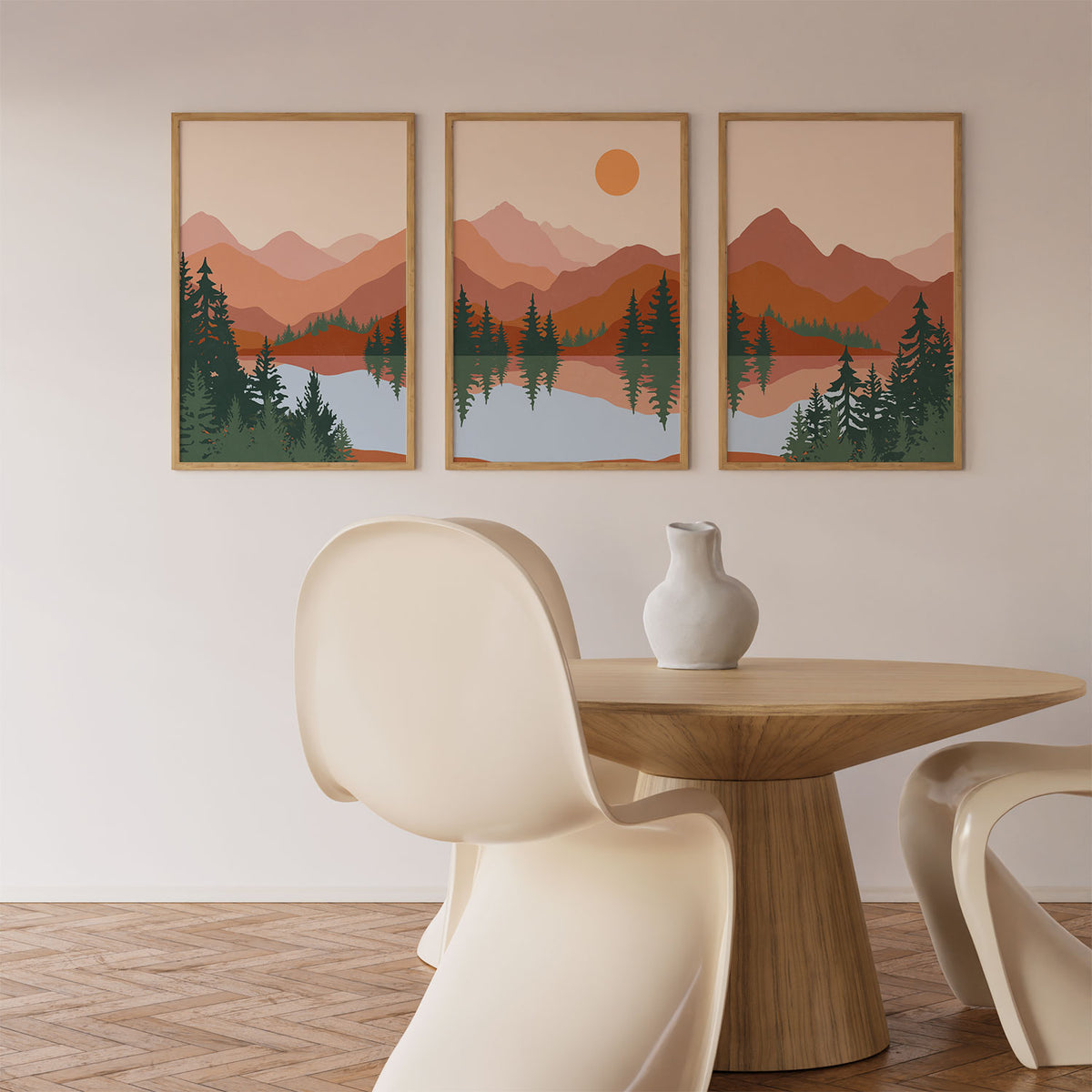 Abstract Mountain Lake Trees Set of 3, Mid Century Modern Wall Art, Boho Art
