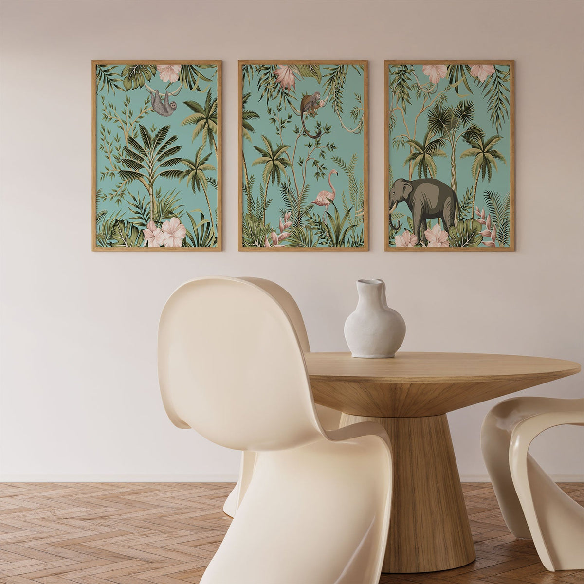 Tropical vintage botanical landscape, Set of 3, Set of Three Paintings