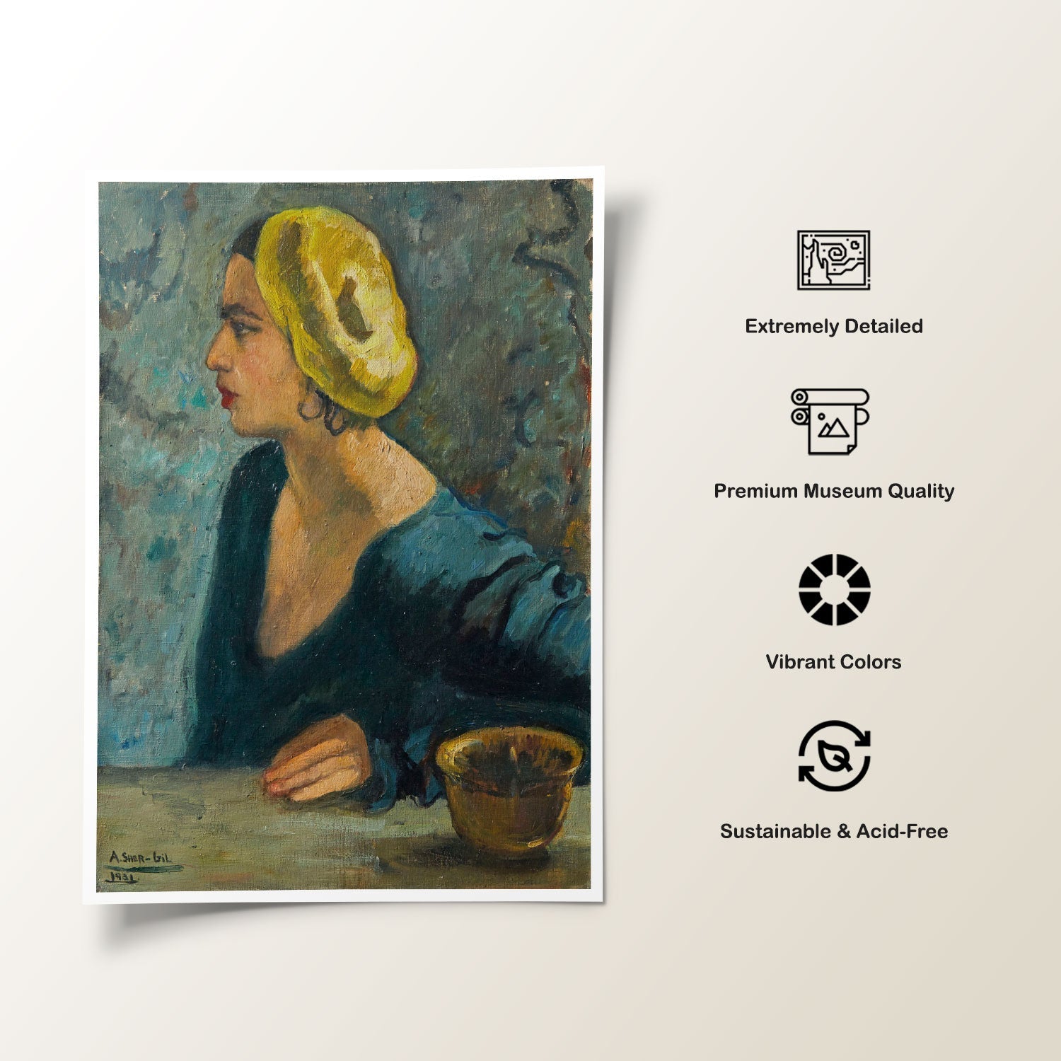 Artistic depiction of a woman with a yellow headscarf and blue dress, with quality attributes listed.