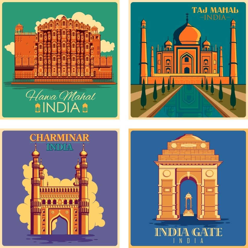 Gallery Wall Art set of 4 Indian Monuments, Indian Heritage