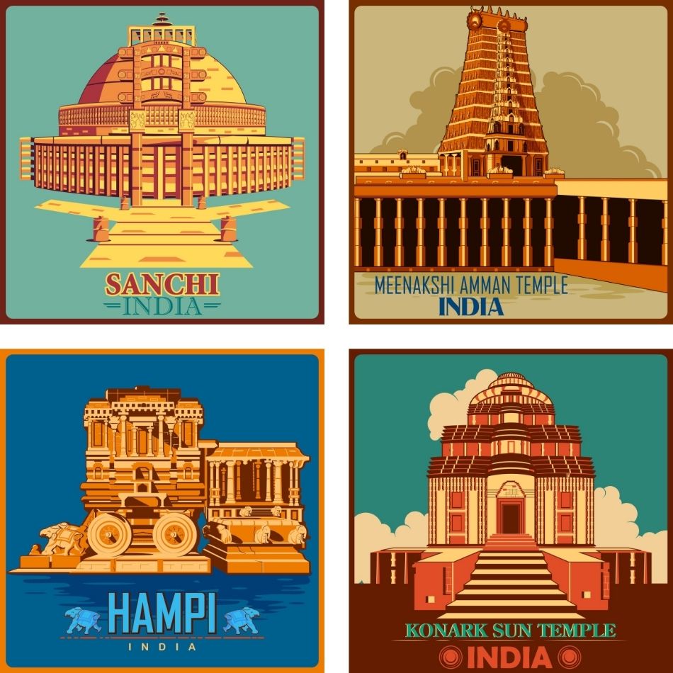 Indian Gallery Wall Art set of 4 Indian Monuments, Indian Heritage