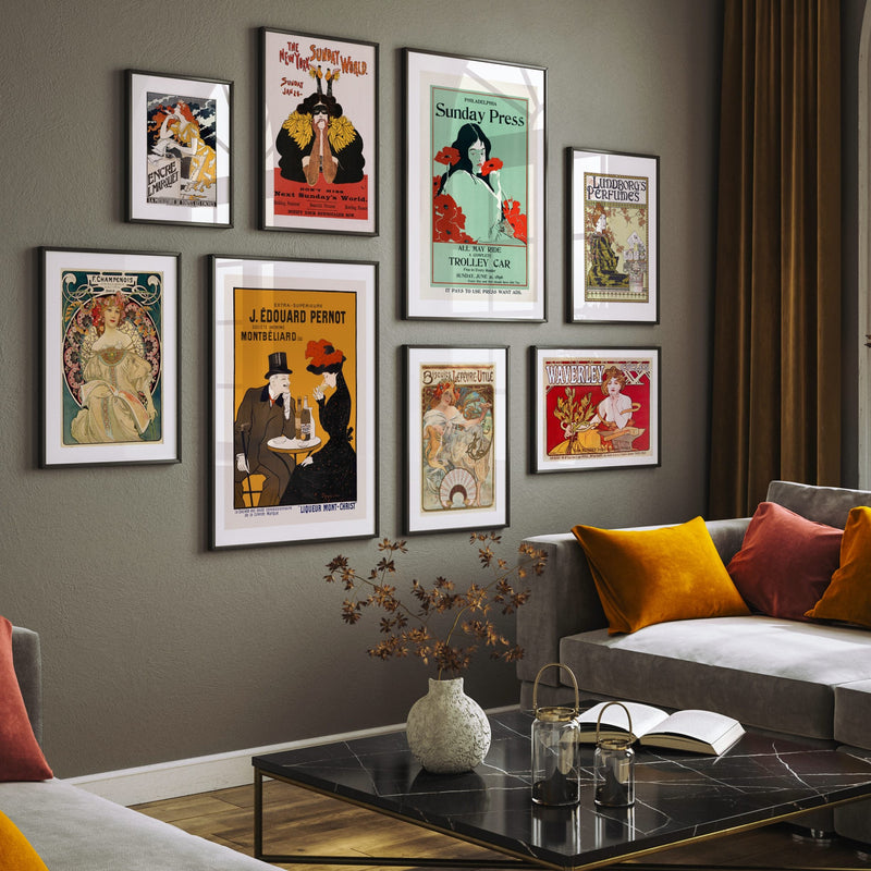 Art Nouveau Set of 8, Vintage Wall Art, Gallery Wall Set