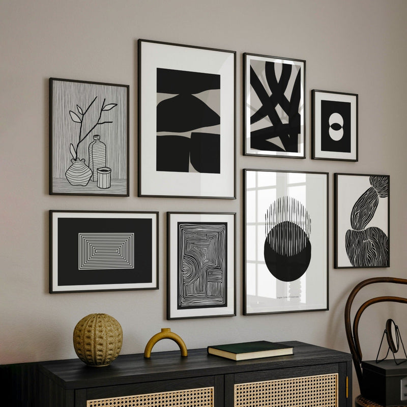 BW Abstract Gallery Wall Minimal Art Set of 8, Contemporary Wall Art, Minimal Wall Set
