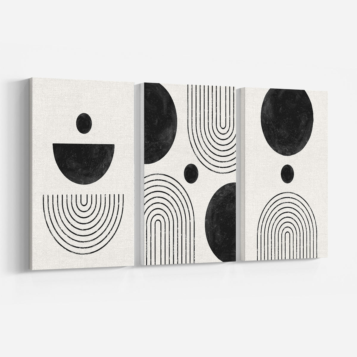 Mid Century Modern Wall Art Set of 3, Black and White Geometric, Black Gray Abstract Art Set