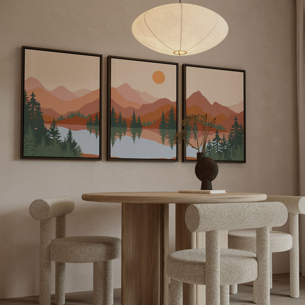 Abstract Mountain Lake Trees Set of 3, Mid Century Modern Wall Art, Boho Art