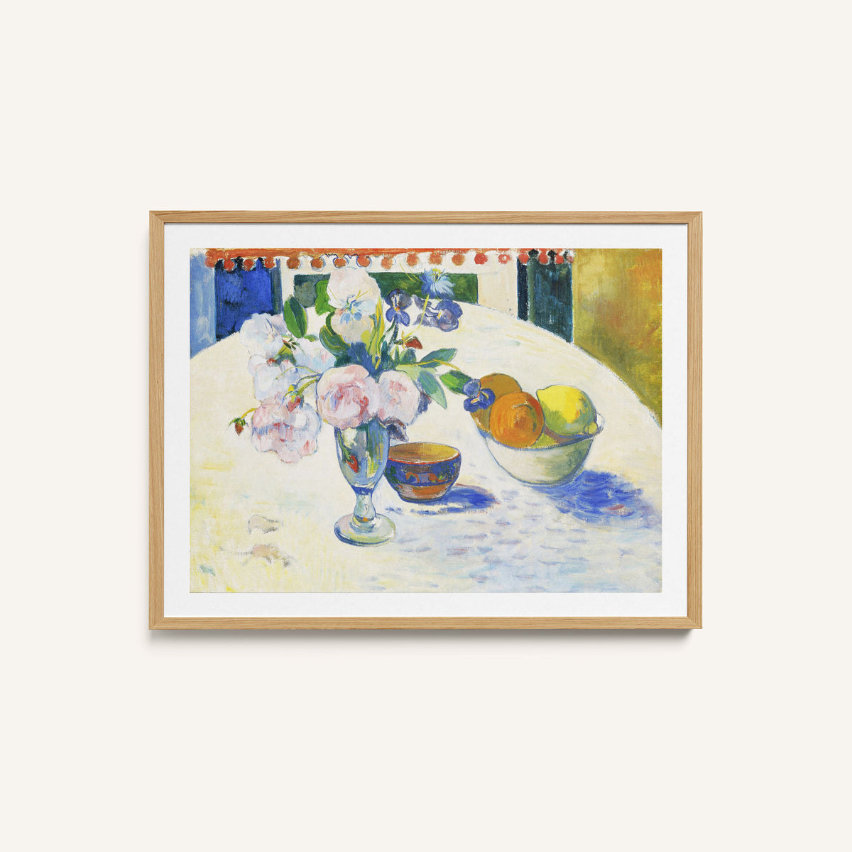 Flowers and a Bowl of Fruit on a Table