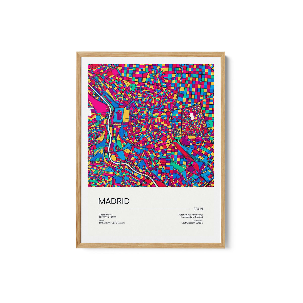 Road Map of Madrid with Colorful Neighborhoods