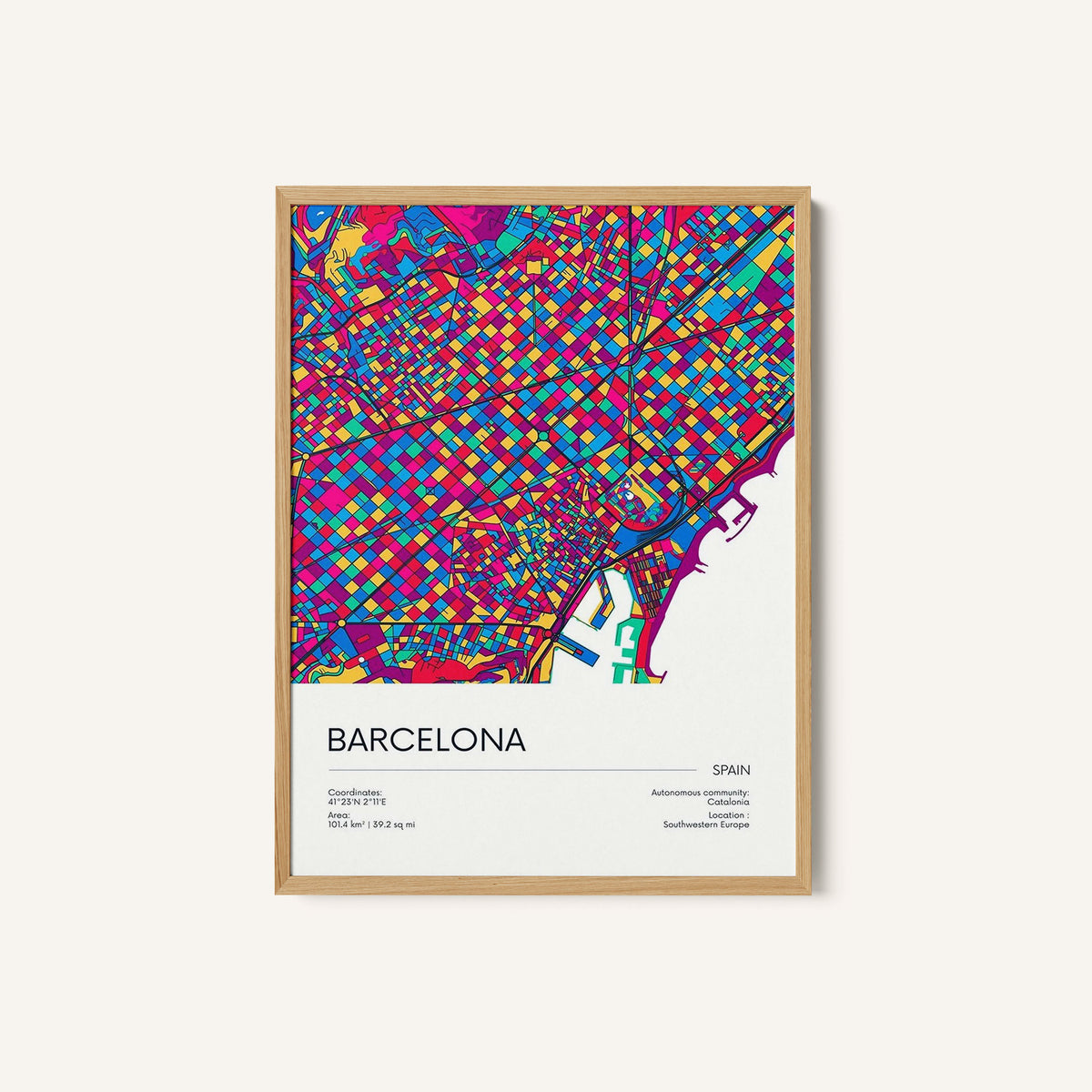 Road Map of Barcelona with Colorful Neighborhoods
