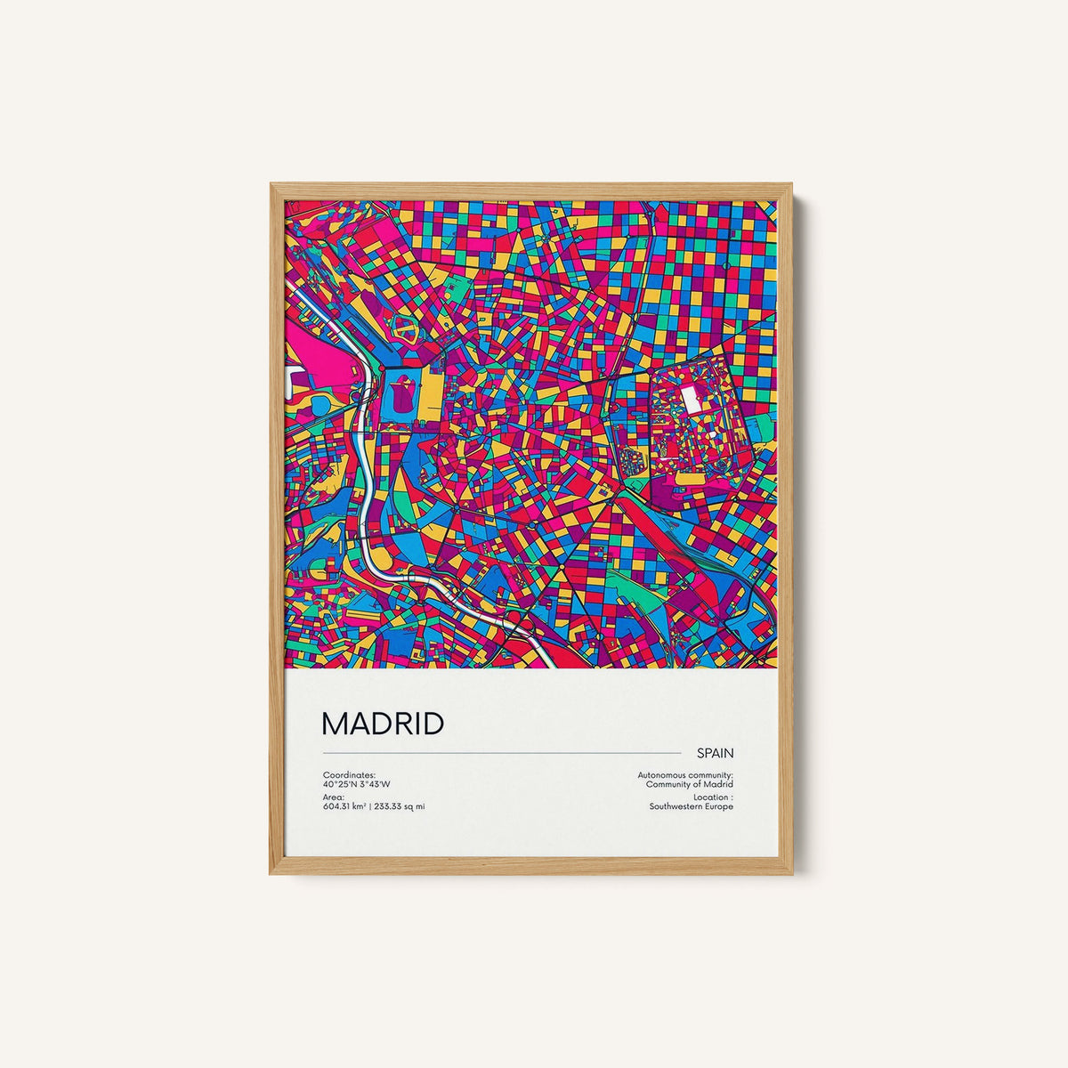 Road Map of Madrid with Colorful Neighborhoods