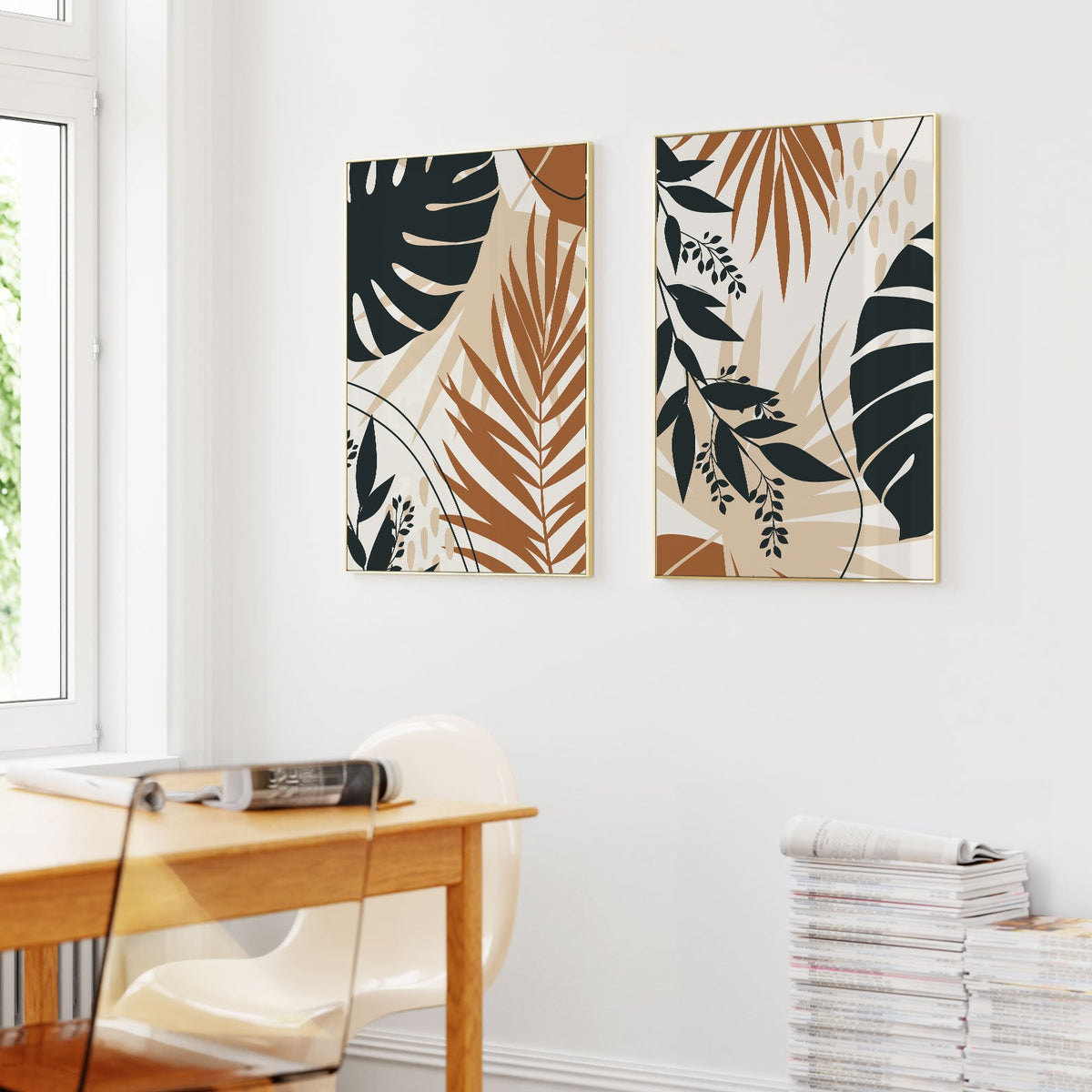 Boho Leaves Modern Minimalist, Set of 2, Set of two Paintings