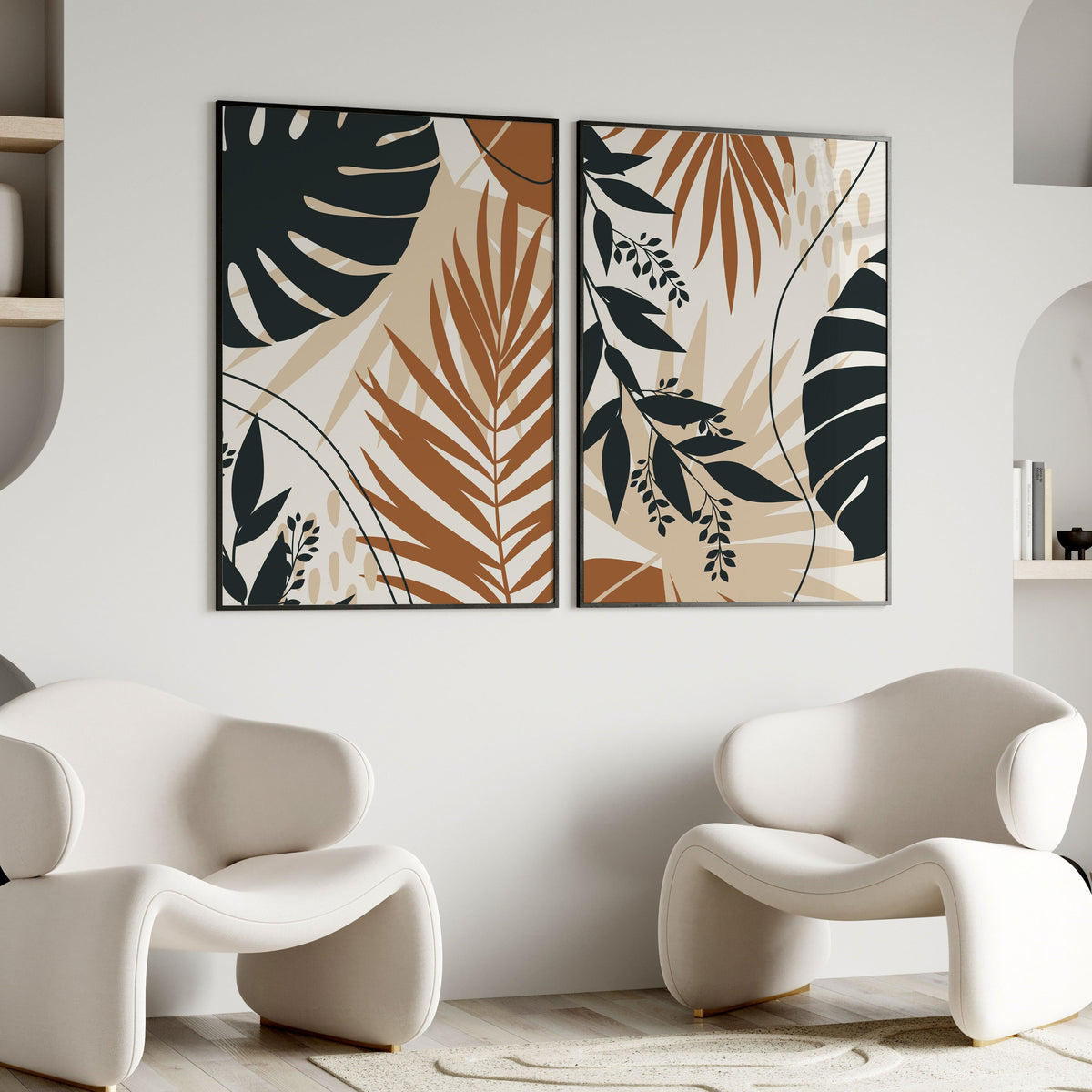 Boho Leaves Modern Minimalist, Set of 2, Set of two Paintings