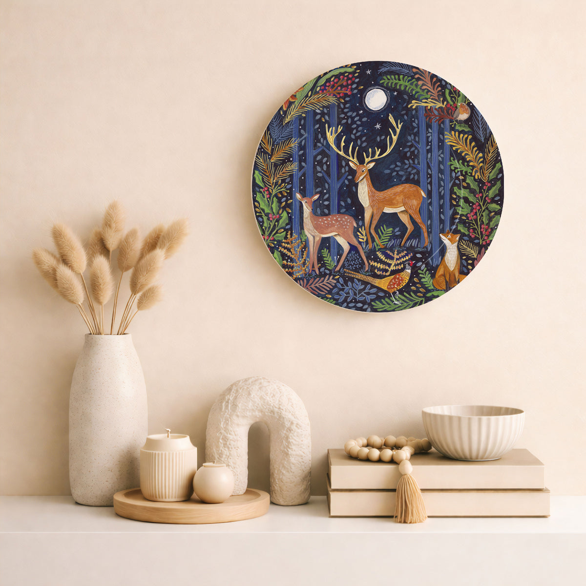 Woodland Animals in Dark Forest by Moonlight