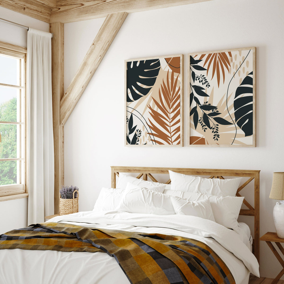 Boho Leaves Modern Minimalist, Set of 2, Set of two Paintings
