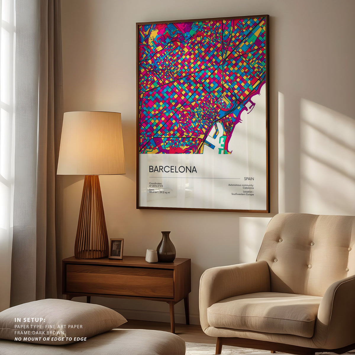 Road Map of Barcelona with Colorful Neighborhoods