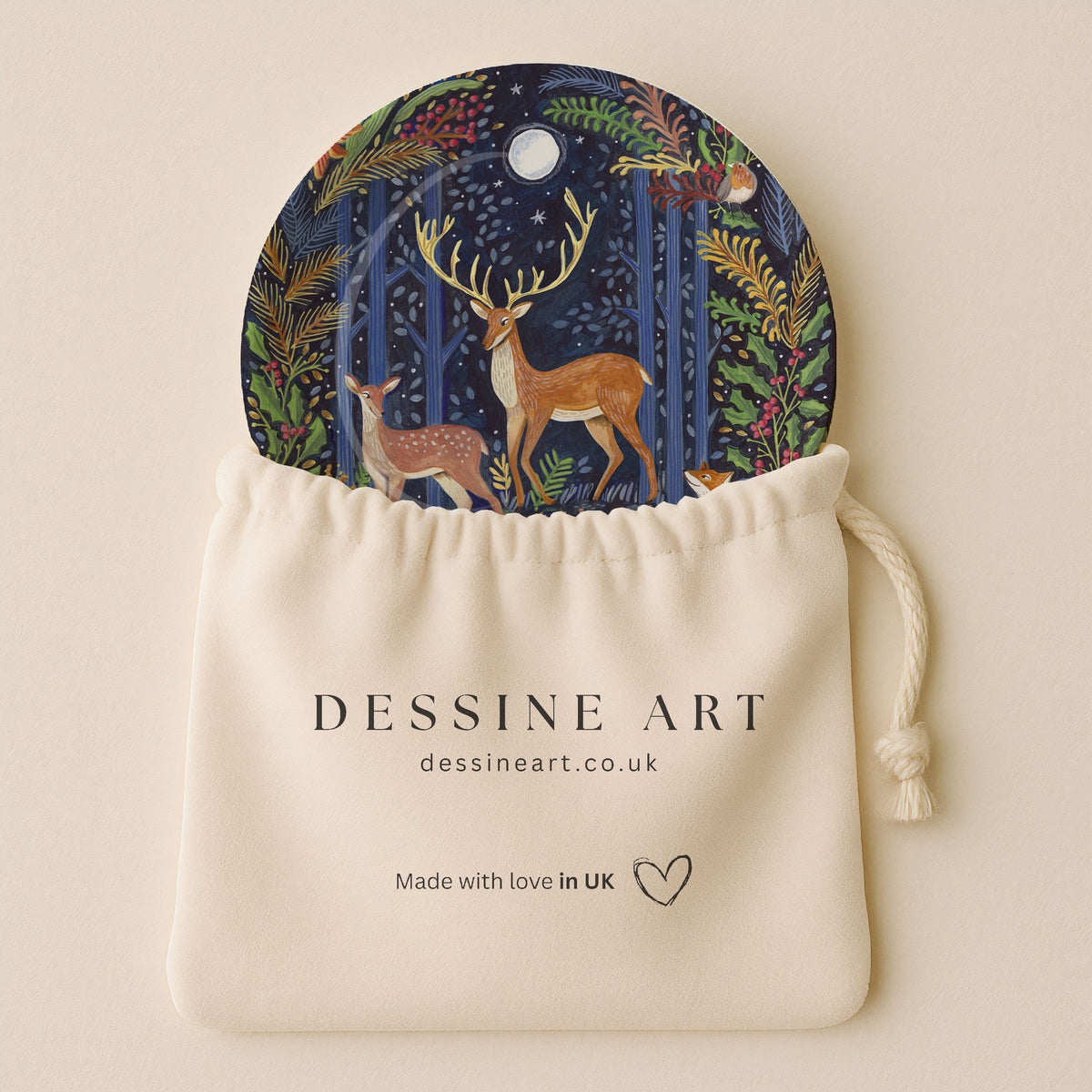 Woodland Animals in Dark Forest by Moonlight