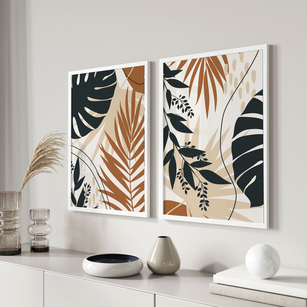 Boho Leaves Modern Minimalist, Set of 2, Set of two Paintings