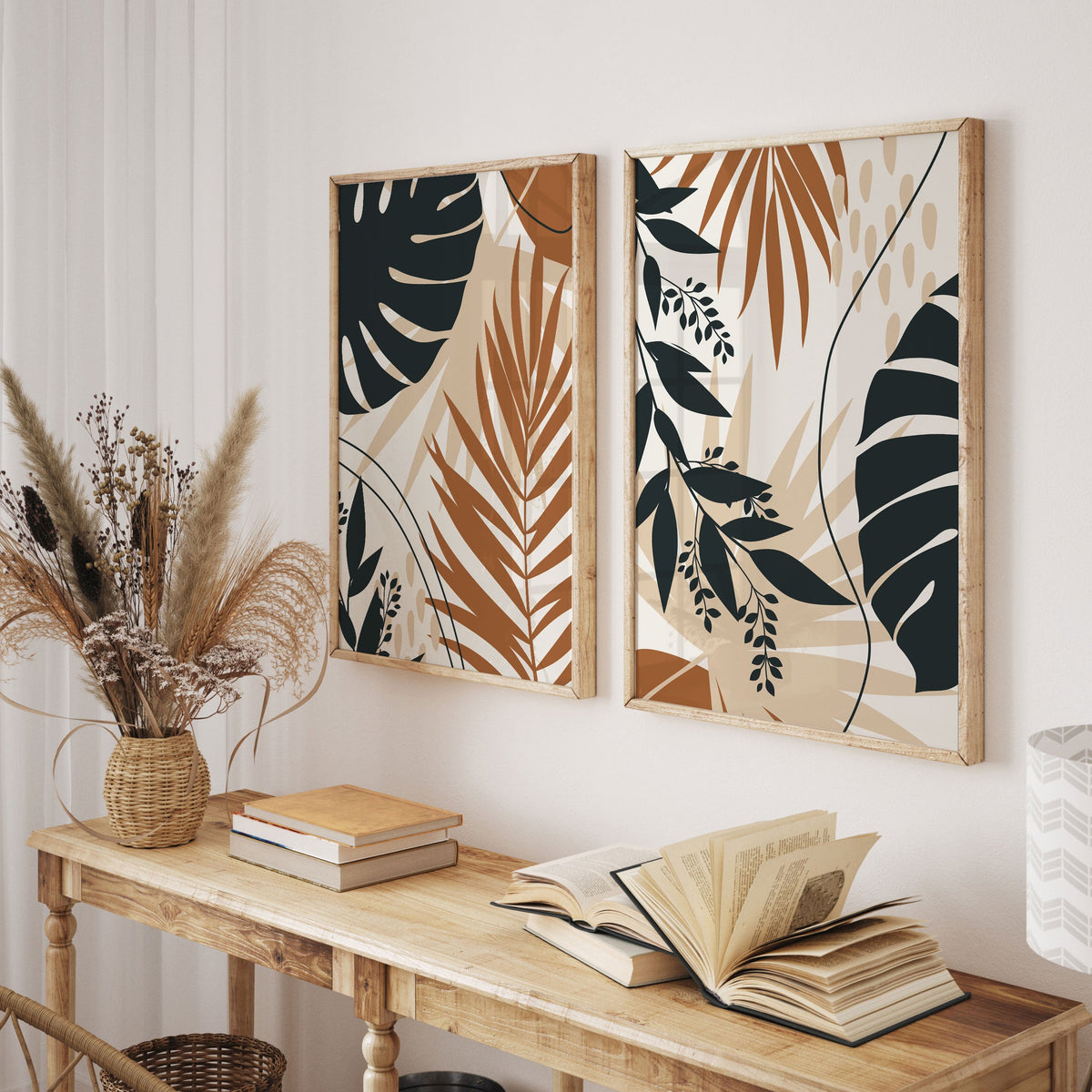 Boho Leaves Modern Minimalist, Set of 2, Set of two Paintings