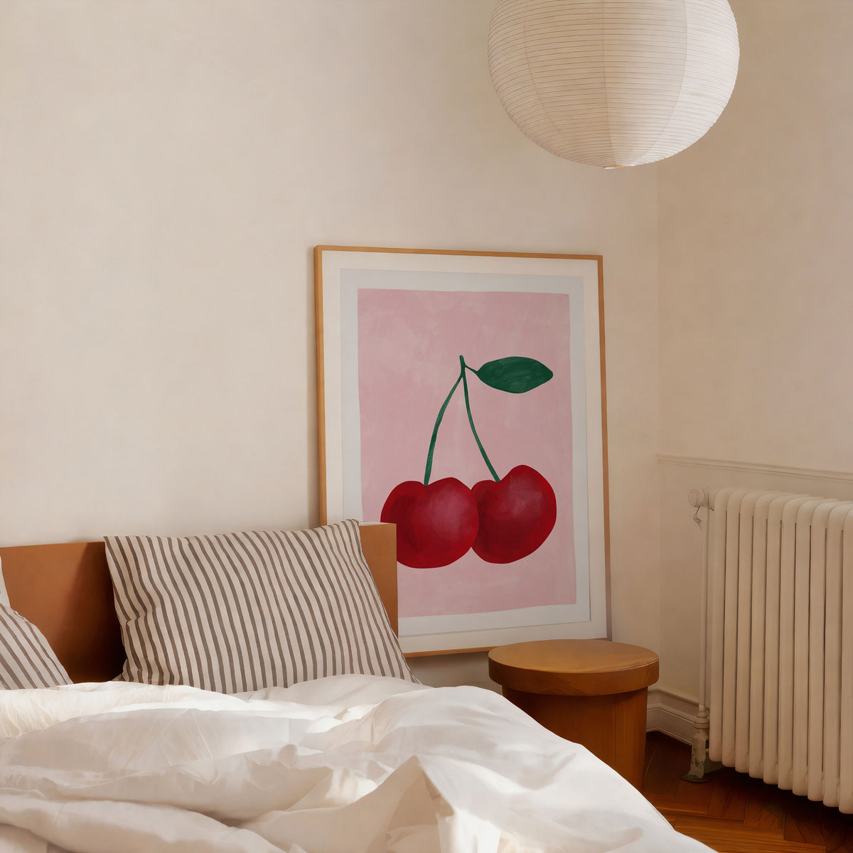 Red Cherries with a Green Leaf