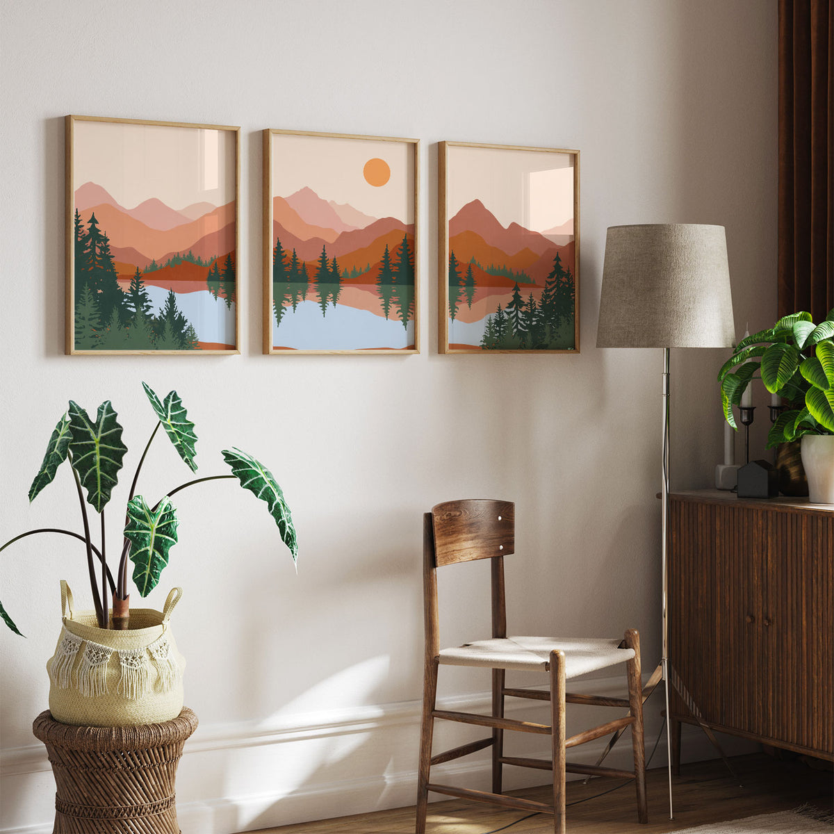 Abstract Mountain Lake Trees Set of 3, Mid Century Modern Wall Art, Boho Art