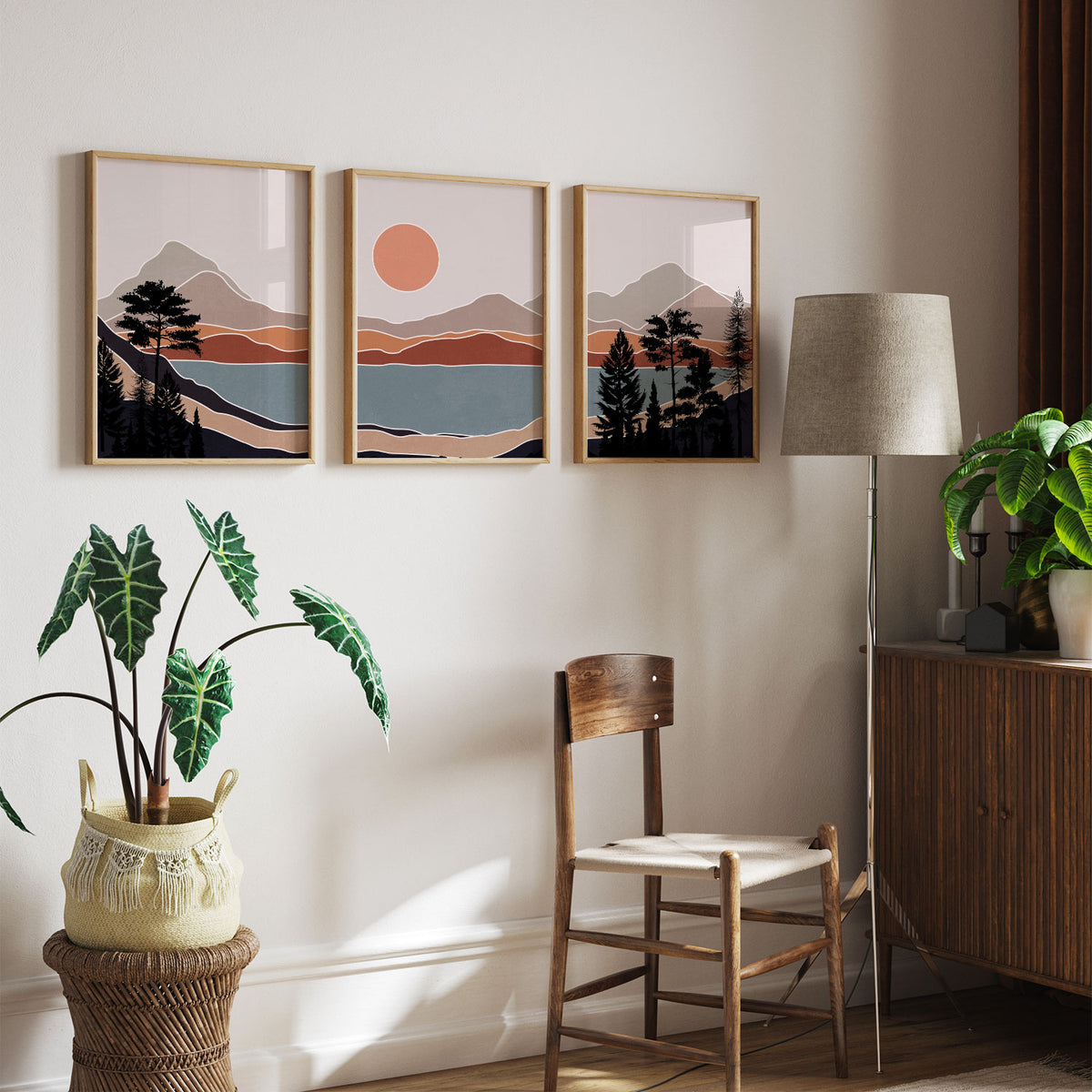 Boho wall art, Abstract Landscape Mountain Trees, Boho Decor Minimalist art