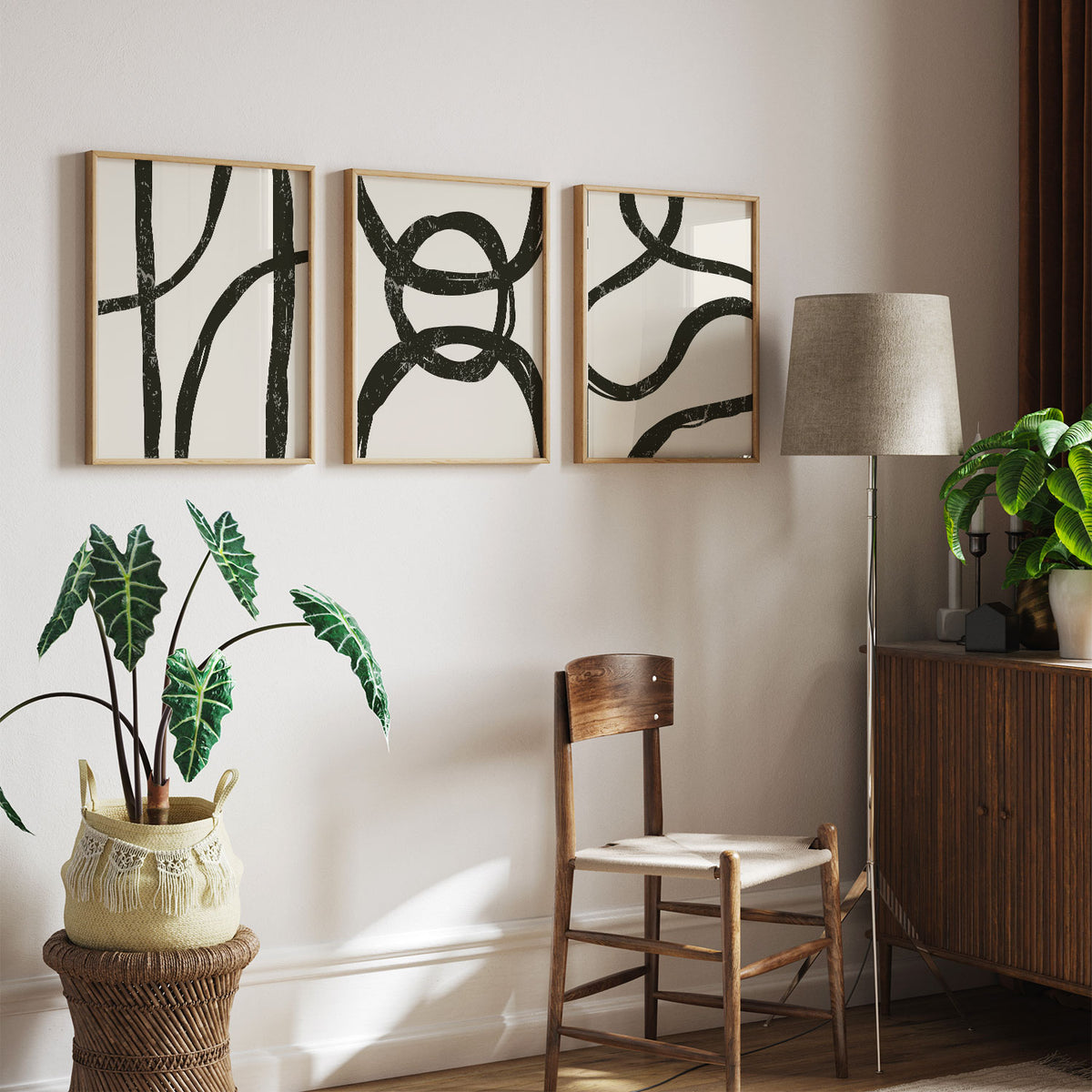 Mid Century Modern Wall Art Set with Abstract. Minimalist Trendy
