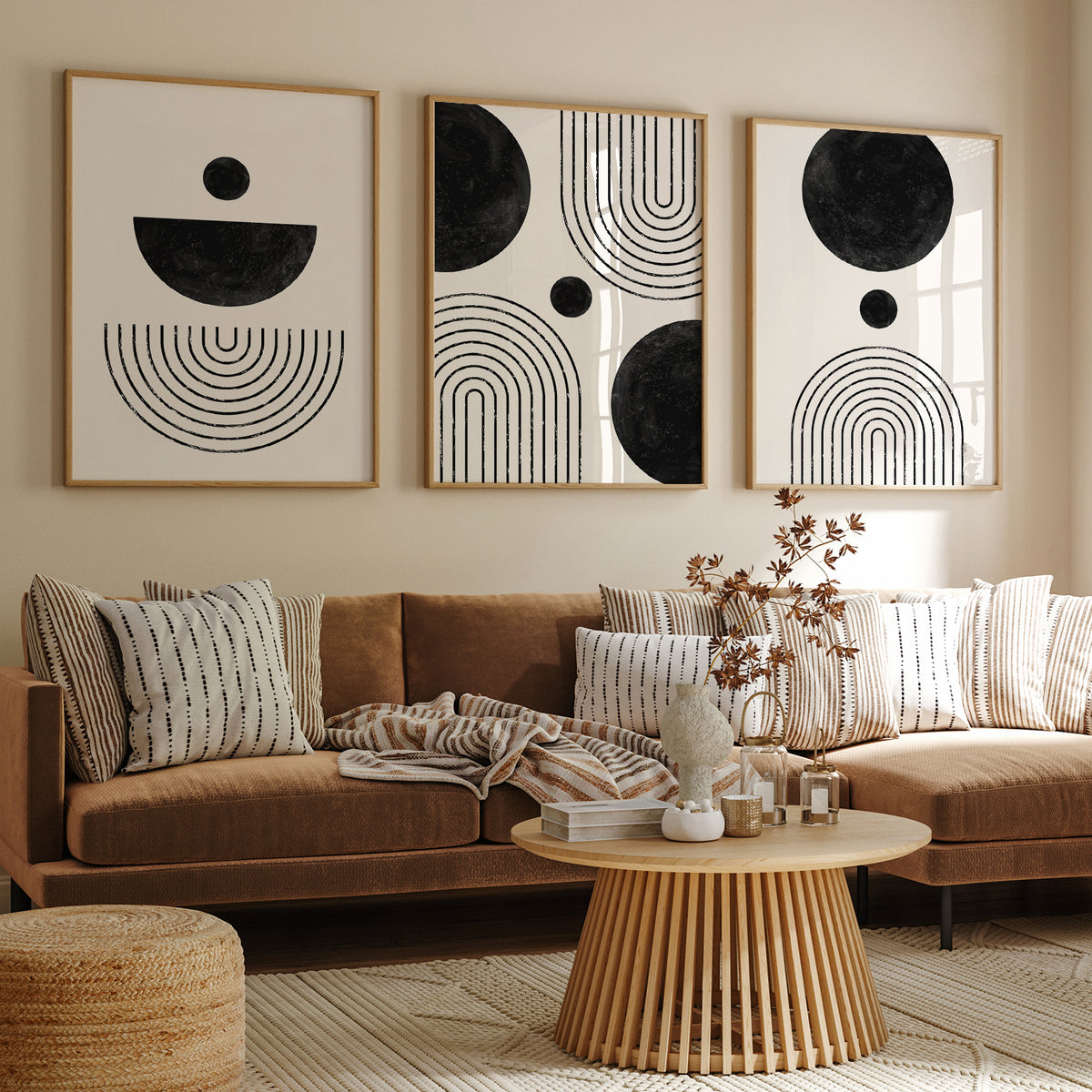 Mid Century Modern Wall Art Set of 3, Black and White Geometric, Black Gray Abstract Art Set