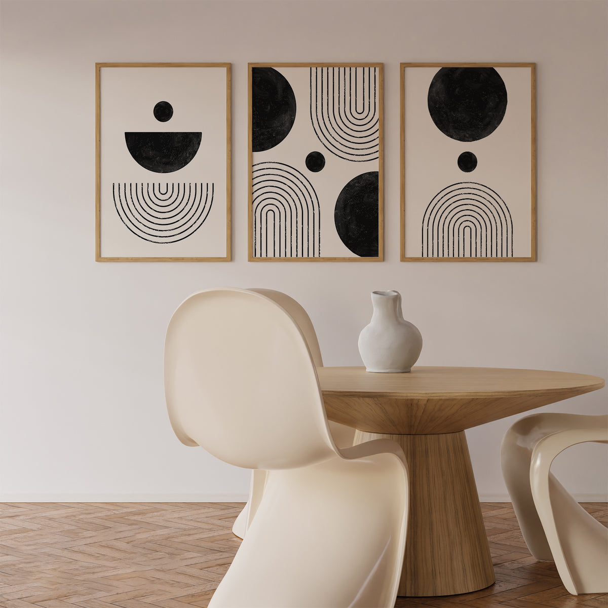 Mid Century Modern Wall Art Set of 3, Black and White Geometric, Black Gray Abstract Art Set