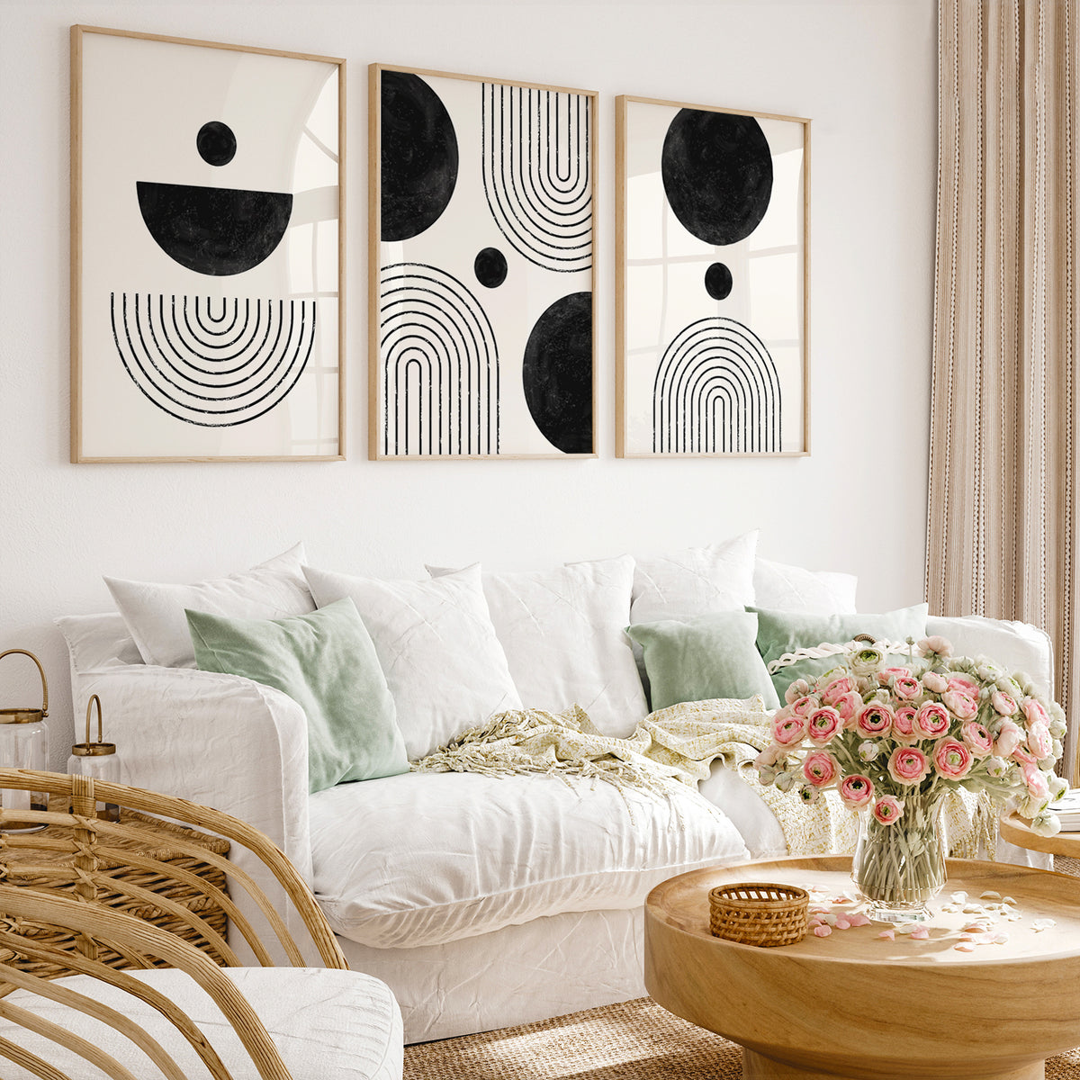 Mid Century Modern Wall Art Set of 3, Black and White Geometric, Black Gray Abstract Art Set
