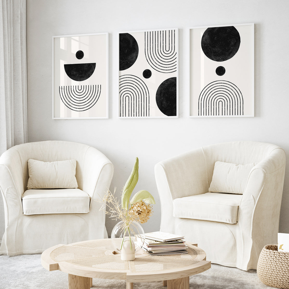 Mid Century Modern Wall Art Set of 3, Black and White Geometric, Black Gray Abstract Art Set